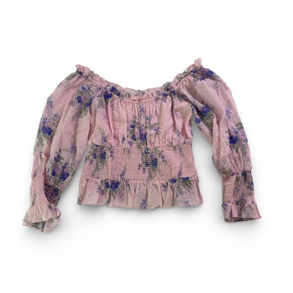 LoveShackFancy Fifi Top Pink Floral Off Shoulder Smocked Blouse Size M - Picture 2 of 9